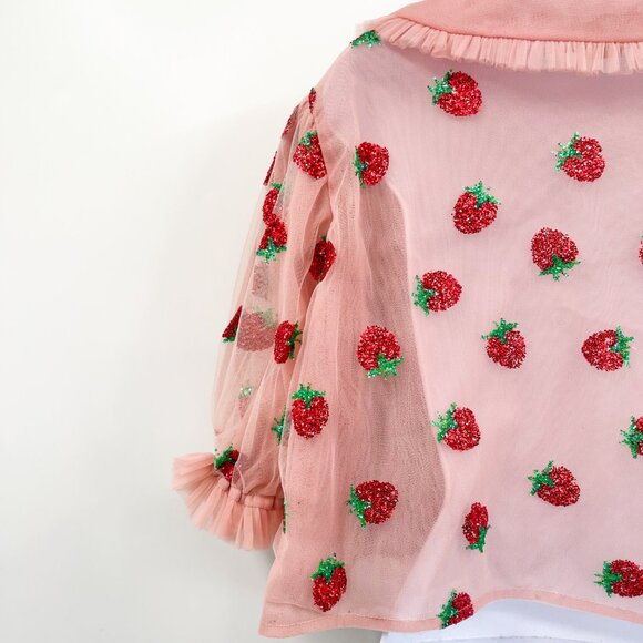 Lirika Matoshi Strawberry Print Tulle Tie Front Collared Cropped Blouse Top - Picture 9 of 11